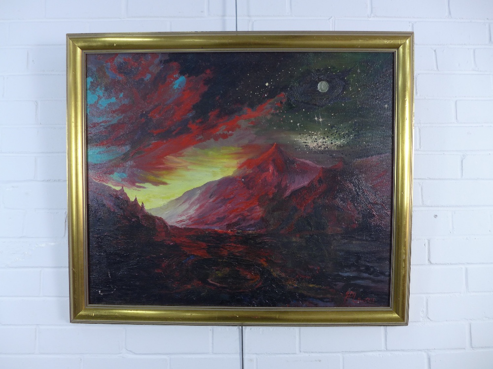 Lawrie, Moonlit Mountain, oil on canvas, signed and framed, 75 x 62cm - Image 2 of 3