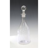 19th century etched glass decanter with associated stopper, 30cm.