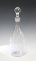 19th century etched glass decanter with associated stopper, 30cm.