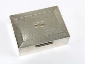 A silver cigarette box, the hinged lid with engine turned decoration, Birmingham 1954, 11 x 8cm