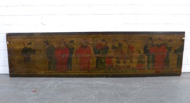 Chinese wooden block, painted with a procession of figures, 155 x 40cm.