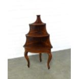 19th century parquetry three tier corner stand, on cabriole legs, 50 x 88cm.