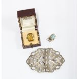 9ct gold quartz dress ring, gold plated bug brooch and an Edwardian silver two part belt buckle with