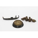 Four miniature bronze birds, a metal gondola and a William Beaumont plaque (6)
