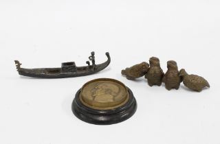 Four miniature bronze birds, a metal gondola and a William Beaumont plaque (6)