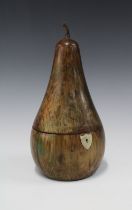 A large fruitwood pear shaped caddy with faux ivory escutcheon, 31cm.