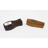 Two treen coffin shaped puzzle snuff boxes, 10cm