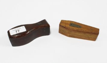 Two treen coffin shaped puzzle snuff boxes, 10cm