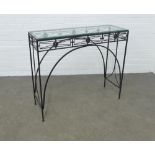 Modern consol table, glass top on wrought iron supports, 92 x 80 x 31cm.