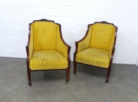 Pair of mahogany framed armchairs with yellow upholstery, 66 x 95 x 53cm. (2)