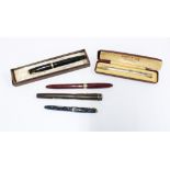 Selection of fountain pens to include Shaeffer, Parker 51, and a silver Yard O'Led propelling pencil