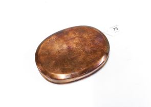 Early 18th century large copper tobacco table snuff box, with engraved armorial and hinged lid, 14.