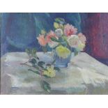 British School, still life vase of roses, oil on canvas, signed indistinctly, framed, 40 x 30cm