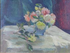 British School, still life vase of roses, oil on canvas, signed indistinctly, framed, 40 x 30cm