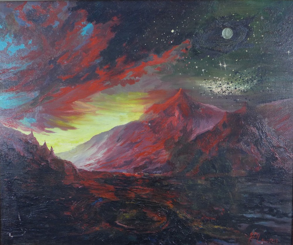 Lawrie, Moonlit Mountain, oil on canvas, signed and framed, 75 x 62cm