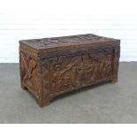 West African wood linen / blanket chest, probably Nigerian, carved with Benin type figures and