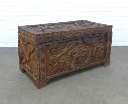 West African wood linen / blanket chest, probably Nigerian, carved with Benin type figures and