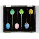 Cased set of six silver and guilloche enamelled coffee bean handled spoons, Birmingham 1957 (6)