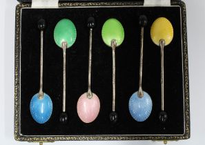 Cased set of six silver and guilloche enamelled coffee bean handled spoons, Birmingham 1957 (6)