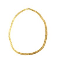 18ct gold necklace with textured woven links, stamped 750