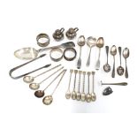 A pair of silver novelty miniature Jersey can cruets, silver and Epns wares to include teaspoons,