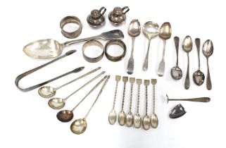 A pair of silver novelty miniature Jersey can cruets, silver and Epns wares to include teaspoons,
