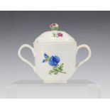 18th century Meissen chocolate cup and cover with blue crossed swords marks, (2) 8 x 10cm.