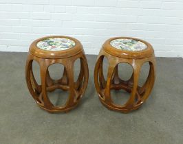 Pair of chinoiserie barrel shaped round stools/tables, with glazed tops, 42 x 45cm. (2)