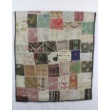 Patchwork quilt, with some crewelwork and embroidered panels, and mirror applique, 155 x 100cm
