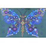 Butterfly, a framed textile worked in coloured woollen threads, framed under glass, size overall
