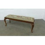 Mahogany long stool with drop in tapestry seat, standing on shell carved cabriole legs, 104 x 38 x