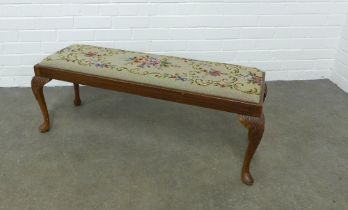 Mahogany long stool with drop in tapestry seat, standing on shell carved cabriole legs, 104 x 38 x