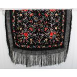 Chinoiserie embroidered Manila / piano shawl, the silk black ground with floral embroidery, 132 x
