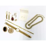 A collection of gold plated costume jewellery and a pair of pearl stud earrings (a lot)