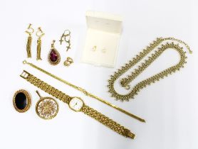 A collection of gold plated costume jewellery and a pair of pearl stud earrings (a lot)