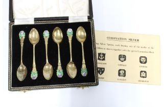 Cased set of Coronation Silver teaspoons, each bearing one of the marks of the Assay Offices as