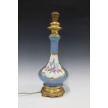 French porcelain table lamp base, pale blue ground with decorated with floral sprays, with gilt