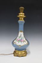 French porcelain table lamp base, pale blue ground with decorated with floral sprays, with gilt