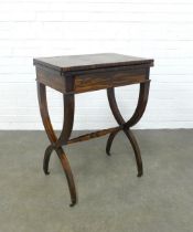 19th century coromandel / zebra wood card table, the fold over top with red baize interior over a