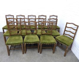 Set of thirteen ladderback chairs, with green velvet stuff over seats 49 x 98 x 46cm.