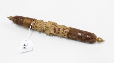 A Black Forest vine carved needle case, circa late 19th century, 26cm long