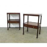 Pair of mahogany two tier side tables / bedsides, rectangular tops with a frieze drawer, standing on