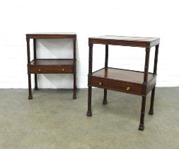 Pair of mahogany two tier side tables / bedsides, rectangular tops with a frieze drawer, standing on