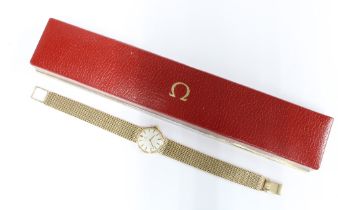 Ladies 9ct gold Omega wristwatch, on a 9ct gold bracelet strap, with original box