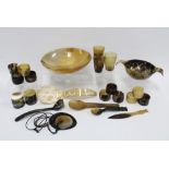 Collection of vintage horn items, including Edinburgh 1886 Exhibition beaker, two bowls, napkin