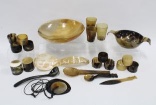 Collection of vintage horn items, including Edinburgh 1886 Exhibition beaker, two bowls, napkin