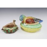 Large Staffordshire duck and duckling tureen (with damages) and a majolica partridge on nest