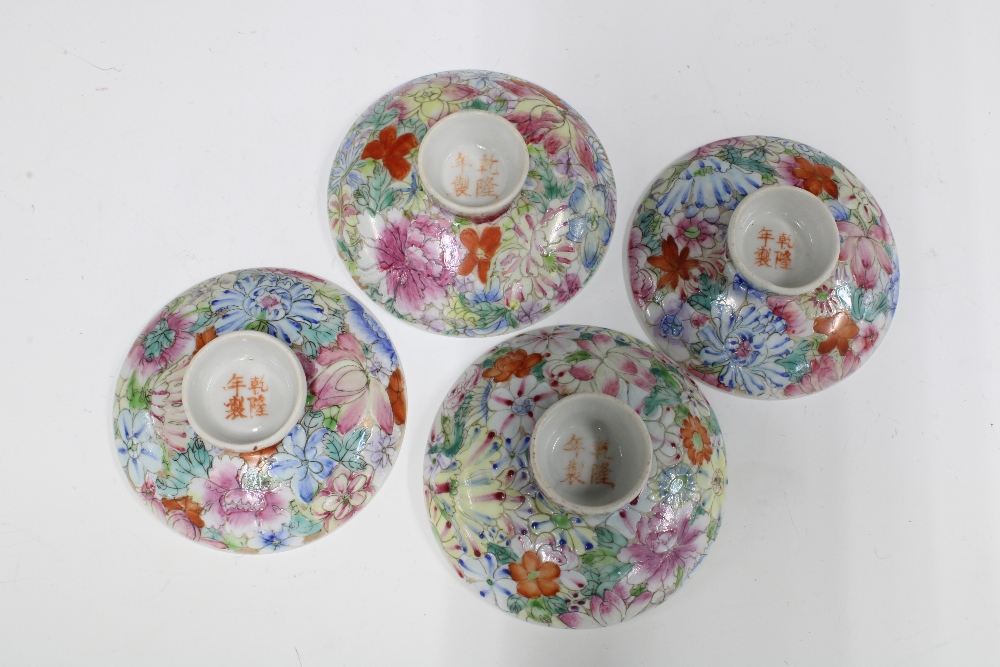 Collection of Chinese mille fleur porcelain, including three tea bowls and six saucers, five spoons, - Image 2 of 4