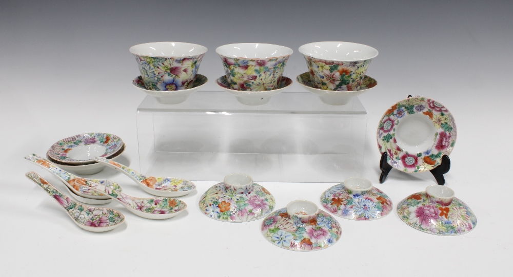 Collection of Chinese mille fleur porcelain, including three tea bowls and six saucers, five spoons,