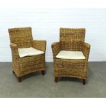 Pair of modern wicker armchairs, with loose cushion seats 64 x 93 x 46cm. (2)